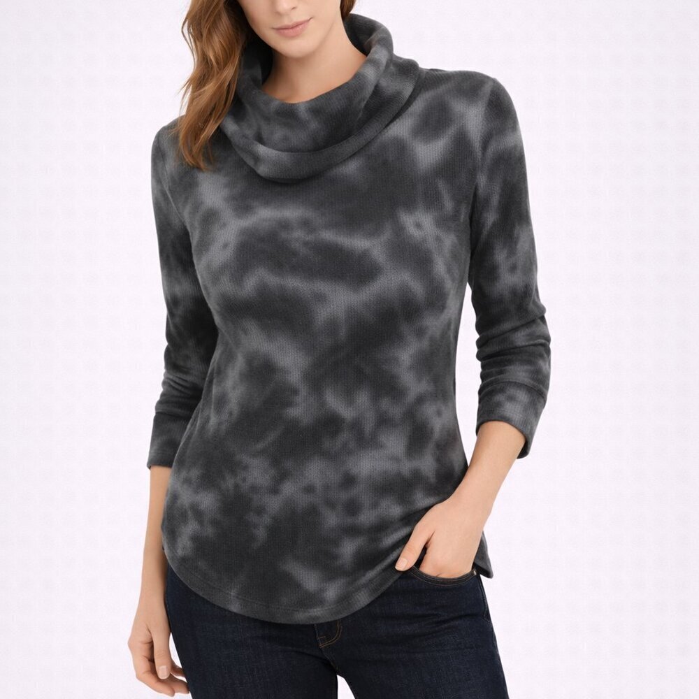Anthro Maeve Ainsley Thermal Top XS Gray Black Tie Dye Cowl Neck Waffle Knit